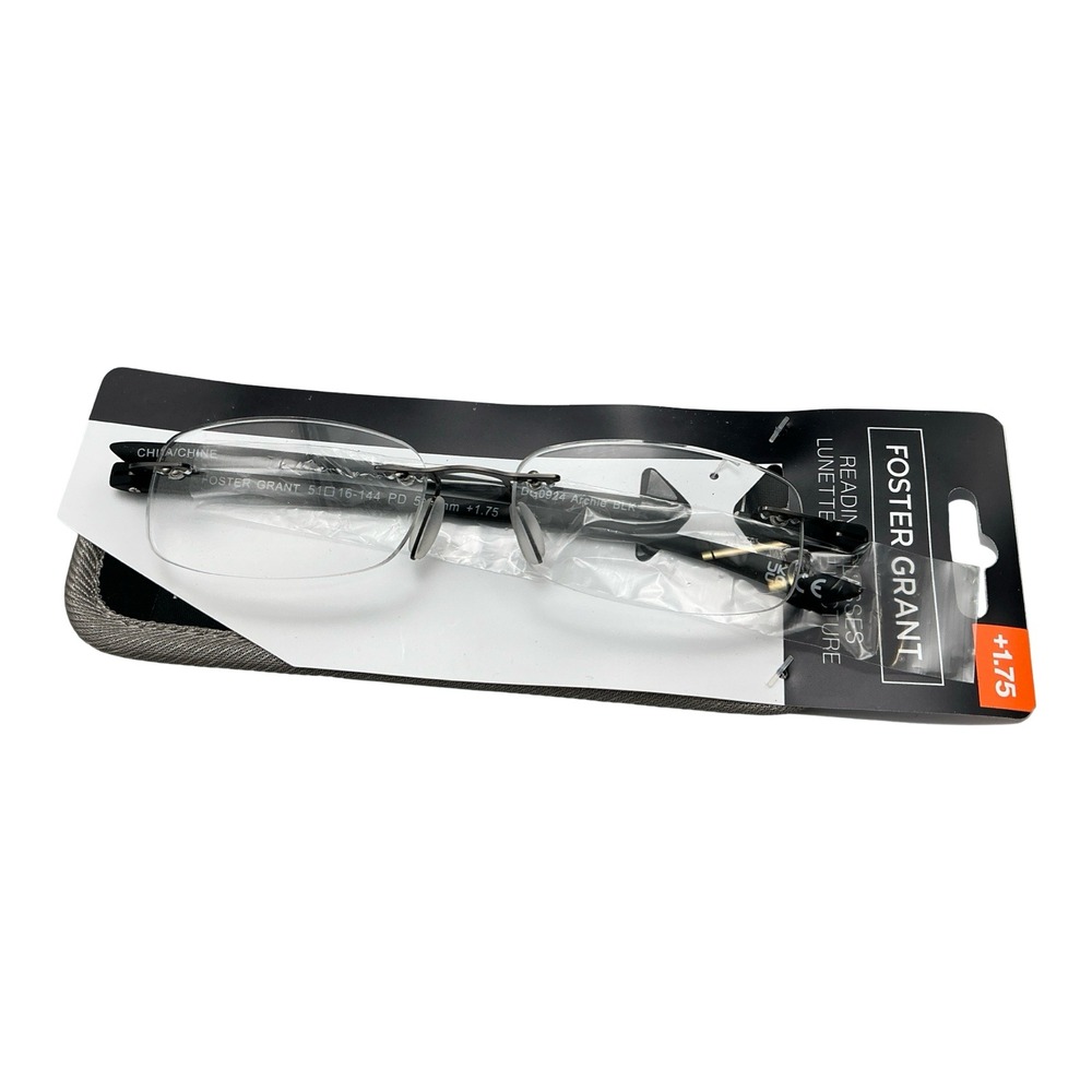 Foster Grant Archie BLK Rimless Reading Glasses +1.75 Black 51-16-144 NEW